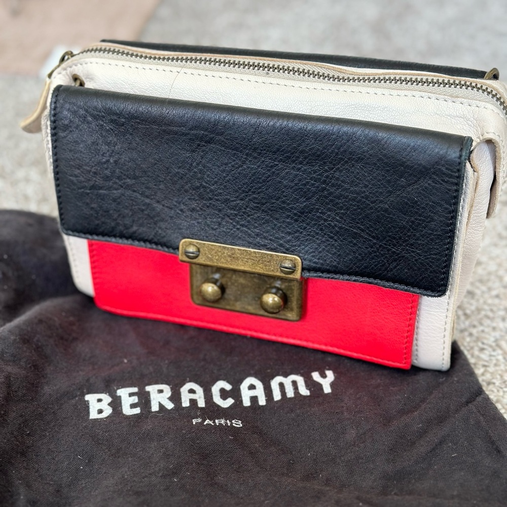 Beracamy Chic Blue, White and Red Leather Should Bag with Sleek Metallic Details